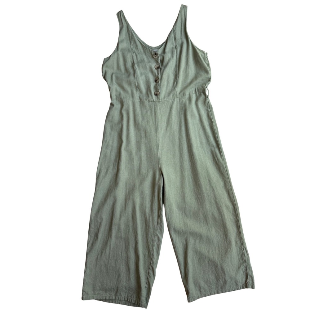 Kensie Jeans Sage Green Linen‎ Blend Wide Leg Cropped Jumpsuit L V-Neck